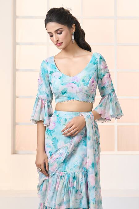 Aariyana Couture Blue Viscose, Georgette Beads Lily Print Pre-draped Ruffle Saree With Blouse Online at Aza Fashions Aariyana Couture_Blue Viscose, Georgette Beads Lily Print Pre-draped Ruffle Saree With Blouse_Online_at_Aza_Fashions