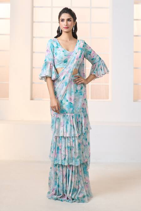 Buy Aariyana Couture Blue Viscose, Georgette Beads Lily Print Pre-draped Ruffle Saree With Blouse Online at Aza Fashions Buy_Aariyana Couture_Blue Viscose, Georgette Beads Lily Print Pre-draped Ruffle Saree With Blouse_Online_at_Aza_Fashions