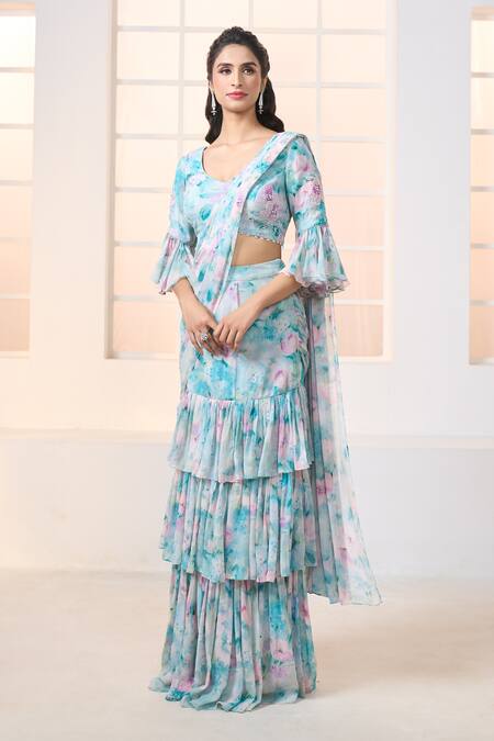 Aariyana Couture Blue Viscose, Georgette Beads Lily Print Pre-draped Ruffle Saree With Blouse at Aza Fashions Aariyana Couture_Blue Viscose, Georgette Beads Lily Print Pre-draped Ruffle Saree With Blouse_at_Aza_Fashions