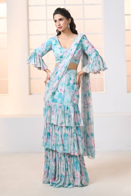 Buy Aariyana Couture Blue Viscose, Georgette Beads Lily Print Pre-draped Ruffle Saree With Blouse Buy_Aariyana Couture_Blue Viscose, Georgette Beads Lily Print Pre-draped Ruffle Saree With Blouse