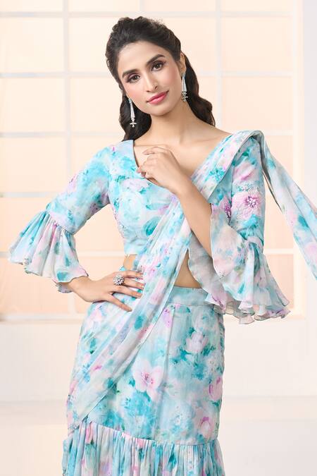 Shop Aariyana Couture Blue Viscose, Georgette Beads Lily Print Pre-draped Ruffle Saree With Blouse Shop_Aariyana Couture_Blue Viscose, Georgette Beads Lily Print Pre-draped Ruffle Saree With Blouse