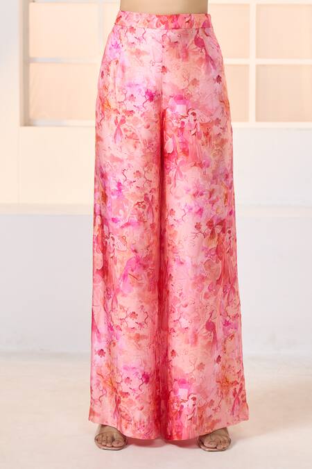 Aariyana Couture_Pink Modal Tassels, Embroidery Cherry Blossom Print Kaftan Kurta Pant Set_Online_at_Aza_Fashions