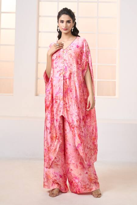 Shop_Aariyana Couture_Pink Modal Tassels, Embroidery Cherry Blossom Print Kaftan Kurta Pant Set_Online_at_Aza_Fashions