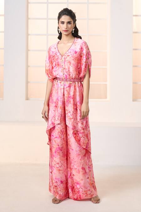 Aariyana Couture_Pink Modal Tassels, Embroidery Cherry Blossom Print Kaftan Kurta Pant Set_at_Aza_Fashions