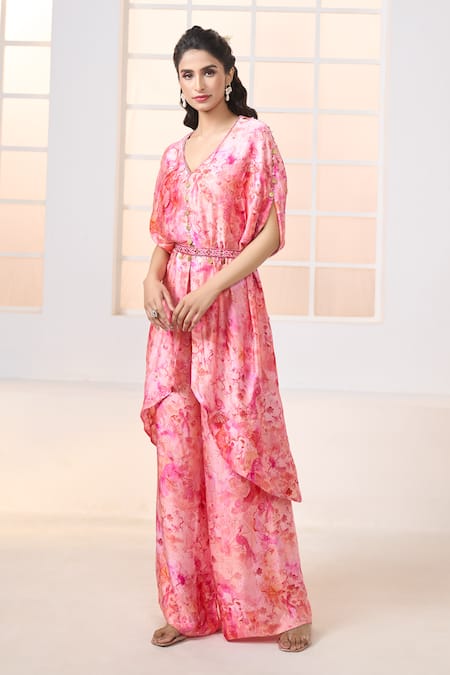 Buy_Aariyana Couture_Pink Modal Tassels, Embroidery Cherry Blossom Print Kaftan Kurta Pant Set