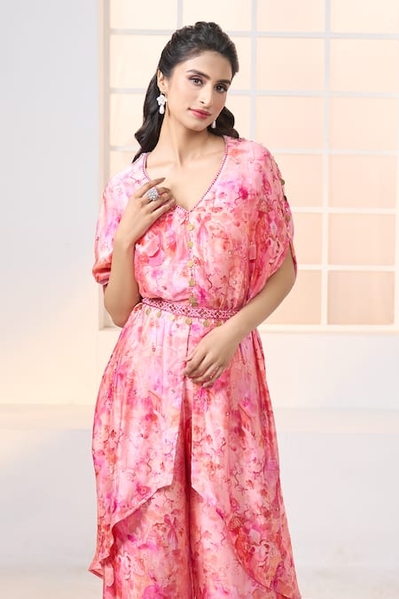 Shop_Aariyana Couture_Pink Modal Tassels, Embroidery Cherry Blossom Print Kaftan Kurta Pant Set