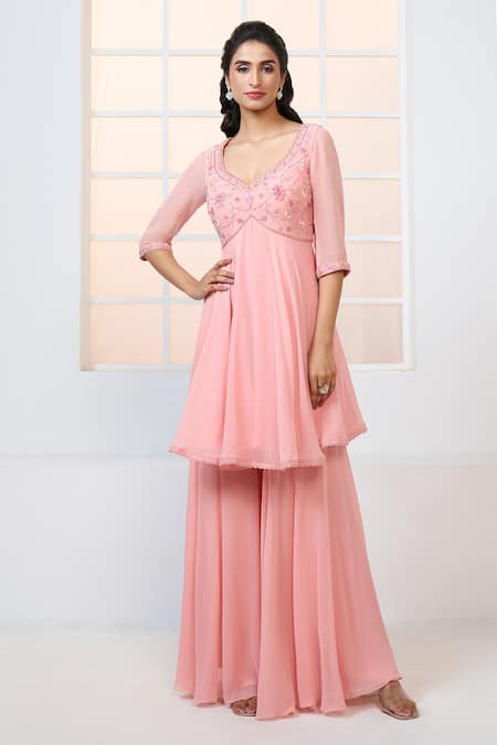 Buy Aariyana Couture Peach Viscose, Georgette, Net Embroidery, Beads, Peplum Kurta Sharara Set Online at Aza Fashions Buy_Aariyana Couture_Peach Viscose, Georgette, Net Embroidery, Beads, Peplum Kurta Sharara Set _Online_at_Aza_Fashions