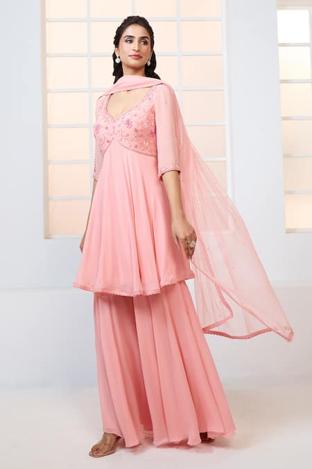 Shop Aariyana Couture Peach Viscose, Georgette, Net Embroidery, Beads, Peplum Kurta Sharara Set Online at Aza Fashions Shop_Aariyana Couture_Peach Viscose, Georgette, Net Embroidery, Beads, Peplum Kurta Sharara Set _Online_at_Aza_Fashions