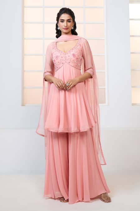 Aariyana Couture Peach Viscose, Georgette, Net Embroidery, Beads, Peplum Kurta Sharara Set at Aza Fashions Aariyana Couture_Peach Viscose, Georgette, Net Embroidery, Beads, Peplum Kurta Sharara Set _at_Aza_Fashions