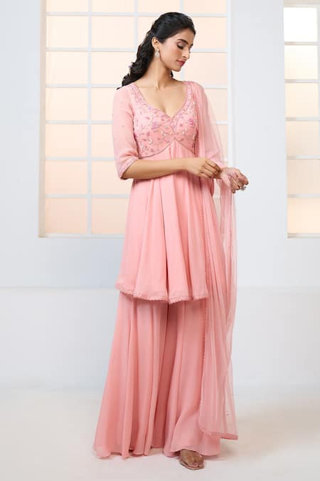 Buy Aariyana Couture Peach Viscose, Georgette, Net Embroidery, Beads, Peplum Kurta Sharara Set Buy_Aariyana Couture_Peach Viscose, Georgette, Net Embroidery, Beads, Peplum Kurta Sharara Set