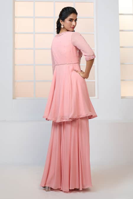 Aariyana Couture Peach Viscose, Georgette, Net Embroidery, Beads, Peplum Kurta Sharara Set Online at Aza Fashions Aariyana Couture_Peach Viscose, Georgette, Net Embroidery, Beads, Peplum Kurta Sharara Set _Online_at_Aza_Fashions