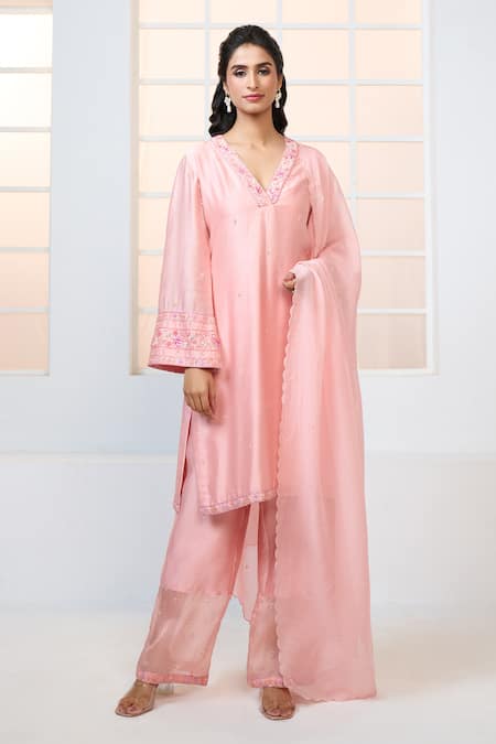 Aariyana Couture Peach Kurta- Chanderi Silk Hand Embroidered Floral V Neck Pant Set 