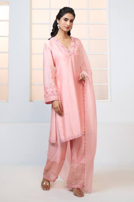 Buy Aariyana Couture Peach Chanderi , Viscose, Satin Embroidery V-neck Kurta Pant Set Online at Aza Fashions Buy_Aariyana Couture_Peach Chanderi , Viscose, Satin Embroidery V-neck Kurta Pant Set_Online_at_Aza_Fashions