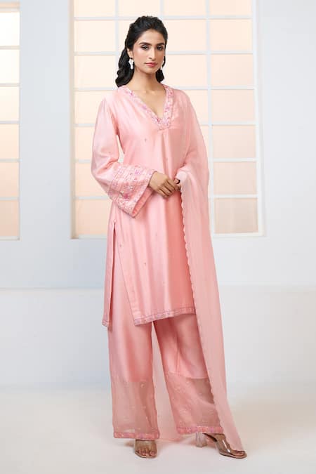 Shop Aariyana Couture Peach Chanderi , Viscose, Satin Embroidery V-neck Kurta Pant Set Online at Aza Fashions Shop_Aariyana Couture_Peach Chanderi , Viscose, Satin Embroidery V-neck Kurta Pant Set_Online_at_Aza_Fashions