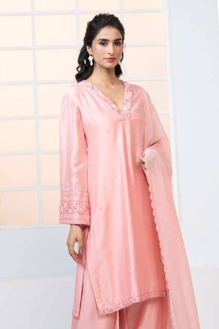 Buy Aariyana Couture Peach Chanderi , Viscose, Satin Embroidery V-neck Kurta Pant Set Buy_Aariyana Couture_Peach Chanderi , Viscose, Satin Embroidery V-neck Kurta Pant Set