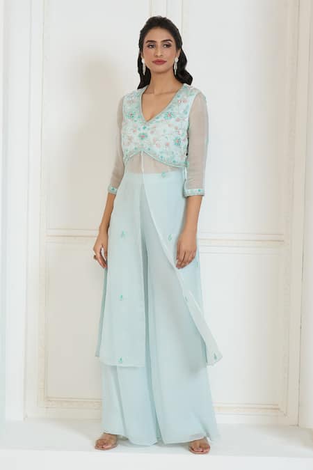 Aariyana Couture Blue Silk Satin, Organza, Viscose, Georgette Embroidery Slit Kurta And Palazzo Set Online at Aza Fashions Aariyana Couture_Blue Silk Satin, Organza, Viscose, Georgette Embroidery Slit Kurta And Palazzo Set_Online_at_Aza_Fashions
