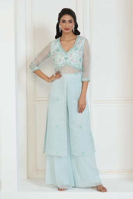Buy Aariyana Couture Blue Silk Satin, Organza, Viscose, Georgette Embroidery Slit Kurta And Palazzo Set Online at Aza Fashions Buy_Aariyana Couture_Blue Silk Satin, Organza, Viscose, Georgette Embroidery Slit Kurta And Palazzo Set_Online_at_Aza_Fashions