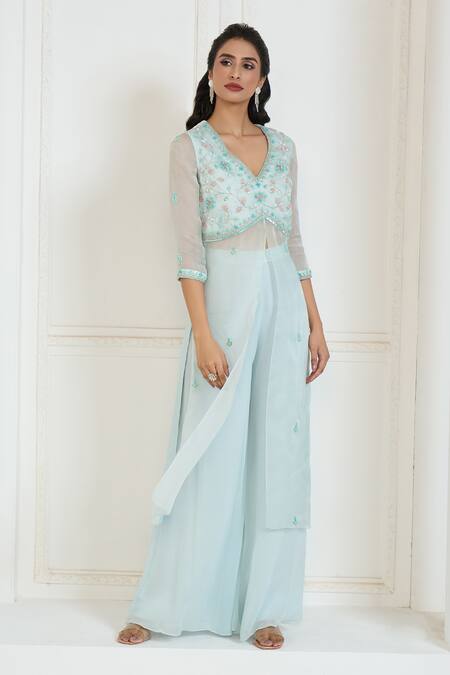 Shop Aariyana Couture Blue Silk Satin, Organza, Viscose, Georgette Embroidery Slit Kurta And Palazzo Set Online at Aza Fashions Shop_Aariyana Couture_Blue Silk Satin, Organza, Viscose, Georgette Embroidery Slit Kurta And Palazzo Set_Online_at_Aza_Fashions