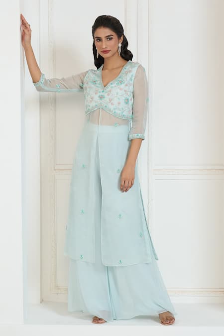 Aariyana Couture Blue Silk Satin, Organza, Viscose, Georgette Embroidery Slit Kurta And Palazzo Set at Aza Fashions Aariyana Couture_Blue Silk Satin, Organza, Viscose, Georgette Embroidery Slit Kurta And Palazzo Set_at_Aza_Fashions