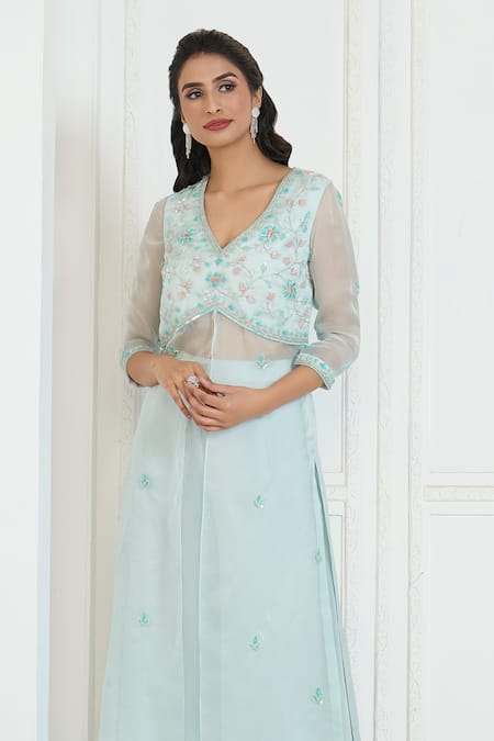 Buy Aariyana Couture Blue Silk Satin, Organza, Viscose, Georgette Embroidery Slit Kurta And Palazzo Set Buy_Aariyana Couture_Blue Silk Satin, Organza, Viscose, Georgette Embroidery Slit Kurta And Palazzo Set