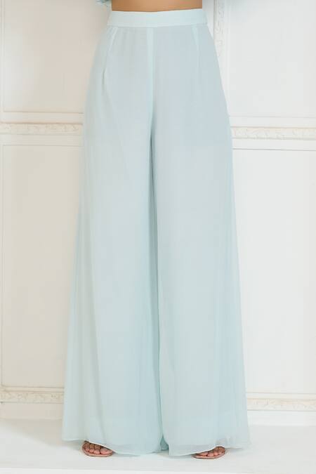 Shop Aariyana Couture Blue Silk Satin, Organza, Viscose, Georgette Embroidery Slit Kurta And Palazzo Set Shop_Aariyana Couture_Blue Silk Satin, Organza, Viscose, Georgette Embroidery Slit Kurta And Palazzo Set