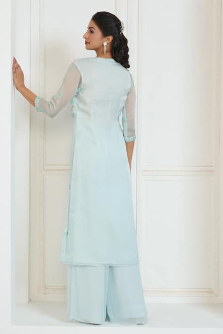 Shop Aariyana Couture Blue Silk Satin, Organza, Viscose, Georgette Embroidery Slit Kurta And Palazzo Set at Aza Fashions Shop_Aariyana Couture_Blue Silk Satin, Organza, Viscose, Georgette Embroidery Slit Kurta And Palazzo Set_at_Aza_Fashions