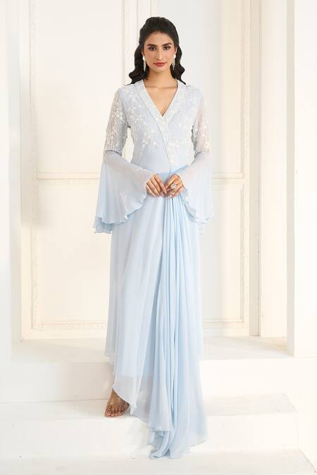 Aariyana Couture Blue Viscose, Georgette Embroidery V-neck Floral Draped Tunic Online at Aza Fashions Aariyana Couture_Blue Viscose, Georgette Embroidery V-neck Floral Draped Tunic_Online_at_Aza_Fashions