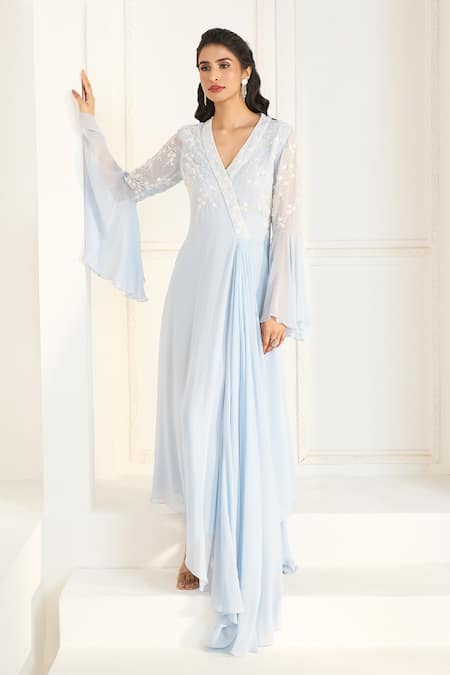 Buy Aariyana Couture Blue Viscose, Georgette Embroidery V-neck Floral Draped Tunic Online at Aza Fashions Buy_Aariyana Couture_Blue Viscose, Georgette Embroidery V-neck Floral Draped Tunic_Online_at_Aza_Fashions