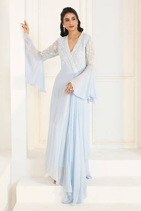 Shop Aariyana Couture Blue Viscose, Georgette Embroidery V-neck Floral Draped Tunic Online at Aza Fashions Shop_Aariyana Couture_Blue Viscose, Georgette Embroidery V-neck Floral Draped Tunic_Online_at_Aza_Fashions