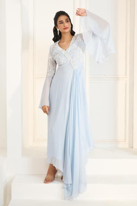 Aariyana Couture Blue Viscose, Georgette Embroidery V-neck Floral Draped Tunic at Aza Fashions Aariyana Couture_Blue Viscose, Georgette Embroidery V-neck Floral Draped Tunic_at_Aza_Fashions