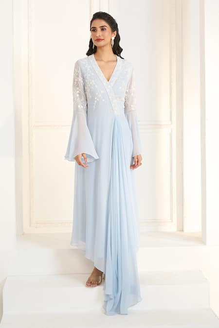 Buy Aariyana Couture Blue Viscose, Georgette Embroidery V-neck Floral Draped Tunic Buy_Aariyana Couture_Blue Viscose, Georgette Embroidery V-neck Floral Draped Tunic