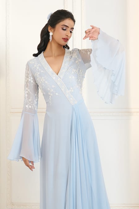 Shop Aariyana Couture Blue Viscose, Georgette Embroidery V-neck Floral Draped Tunic Shop_Aariyana Couture_Blue Viscose, Georgette Embroidery V-neck Floral Draped Tunic