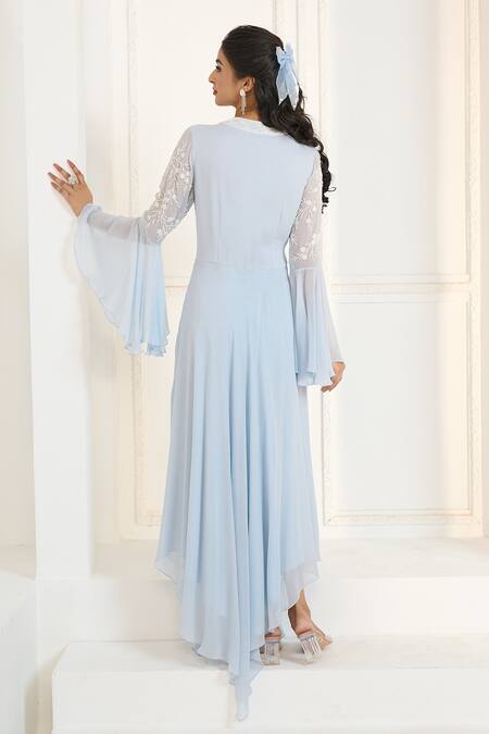 Shop Aariyana Couture Blue Viscose, Georgette Embroidery V-neck Floral Draped Tunic at Aza Fashions Shop_Aariyana Couture_Blue Viscose, Georgette Embroidery V-neck Floral Draped Tunic_at_Aza_Fashions