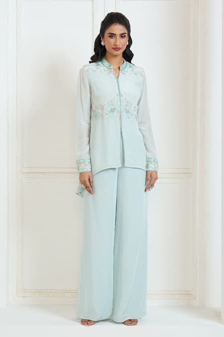 Buy Aariyana Couture Blue Viscose, Crepe Embroidery Bandeau Neck Floral Hand Shirt Kurta And Pant Set Online at Aza Fashions Buy_Aariyana Couture_Blue Viscose, Crepe Embroidery Bandeau Neck Floral Hand Shirt Kurta And Pant Set_Online_at_Aza_Fashions
