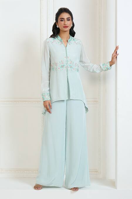 Shop Aariyana Couture Blue Viscose, Crepe Embroidery Bandeau Neck Floral Hand Shirt Kurta And Pant Set Online at Aza Fashions Shop_Aariyana Couture_Blue Viscose, Crepe Embroidery Bandeau Neck Floral Hand Shirt Kurta And Pant Set_Online_at_Aza_Fashions