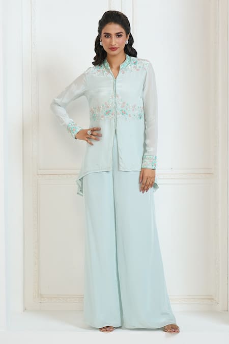 Aariyana Couture Blue Viscose, Crepe Embroidery Bandeau Neck Floral Hand Shirt Kurta And Pant Set at Aza Fashions Aariyana Couture_Blue Viscose, Crepe Embroidery Bandeau Neck Floral Hand Shirt Kurta And Pant Set_at_Aza_Fashions