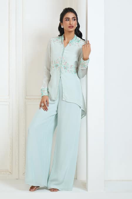 Buy Aariyana Couture Blue Viscose, Crepe Embroidery Bandeau Neck Floral Hand Shirt Kurta And Pant Set Buy_Aariyana Couture_Blue Viscose, Crepe Embroidery Bandeau Neck Floral Hand Shirt Kurta And Pant Set