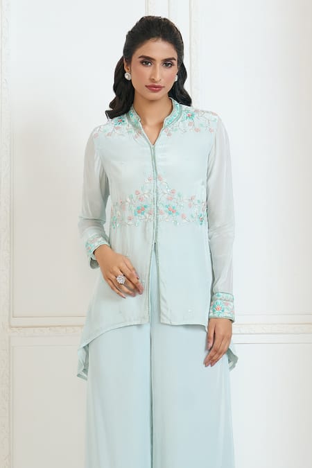 Shop Aariyana Couture Blue Viscose, Crepe Embroidery Bandeau Neck Floral Hand Shirt Kurta And Pant Set Shop_Aariyana Couture_Blue Viscose, Crepe Embroidery Bandeau Neck Floral Hand Shirt Kurta And Pant Set