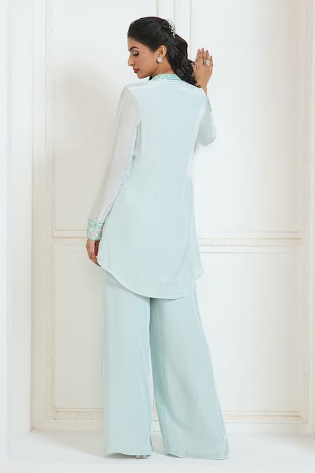 Shop Aariyana Couture Blue Viscose, Crepe Embroidery Bandeau Neck Floral Hand Shirt Kurta And Pant Set at Aza Fashions Shop_Aariyana Couture_Blue Viscose, Crepe Embroidery Bandeau Neck Floral Hand Shirt Kurta And Pant Set_at_Aza_Fashions