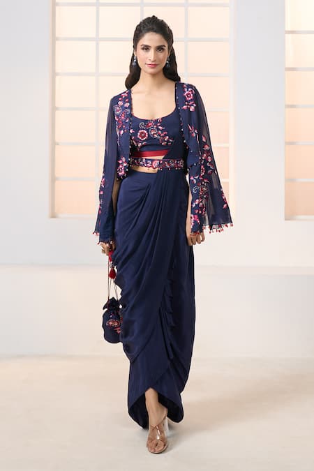 Aariyana Couture Blue Crepe Hand Embroidered Floral Bustier Scoop Jacket With Draped Skirt Set 