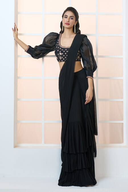 Aariyana Couture Black Viscose, Georgette, Organza, Silk Pre-draped Tiered Saree With Blouse Online at Aza Fashions Aariyana Couture_Black Viscose, Georgette, Organza, Silk Pre-draped Tiered Saree With Blouse_Online_at_Aza_Fashions
