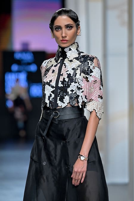 Pankaj & Nidhi_Black Silk Organza Embroidery, Applique High Medallion Hexarose Work Jacket _Online_at_Aza_Fashions