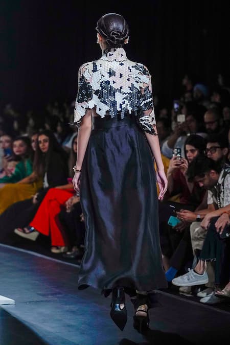 Shop_Pankaj & Nidhi_Black Silk Organza Applique High Medallion Hexarose Work Jacket And Skirt Set _at_Aza_Fashions