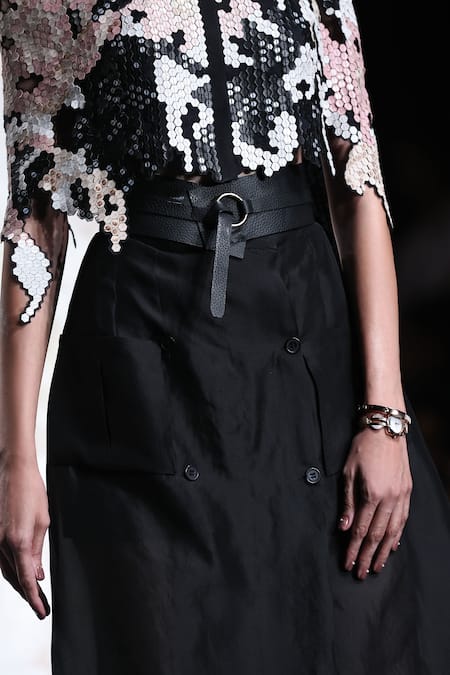 Pankaj & Nidhi_Black Silk Organza Applique High Medallion Hexarose Work Jacket And Skirt Set _Online_at_Aza_Fashions