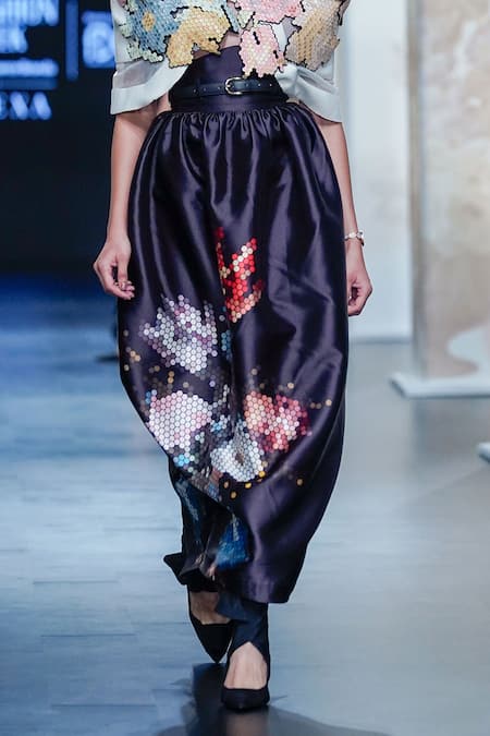 Pankaj & Nidhi_Ivory Satin, Twill Applique Cropped Kimono Cape And Cocoon Skirt Set _Online_at_Aza_Fashions