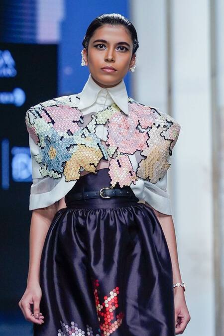 Buy_Pankaj & Nidhi_Ivory Satin, Twill Applique Cropped Kimono Cape And Cocoon Skirt Set _Online_at_Aza_Fashions