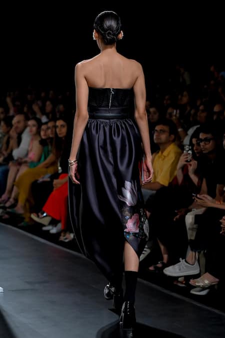 Shop_Pankaj & Nidhi_Black Satin Sweetheart Neck Quilted Corset And Cocoon Skirt Set _at_Aza_Fashions