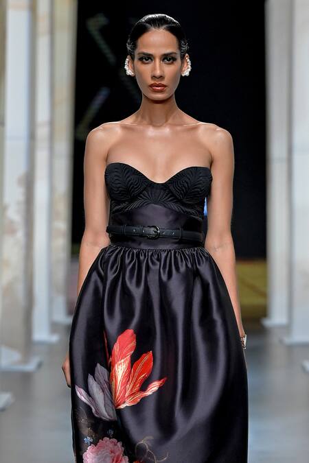 Pankaj & Nidhi_Black Satin Sweetheart Neck Quilted Corset And Cocoon Skirt Set _Online_at_Aza_Fashions
