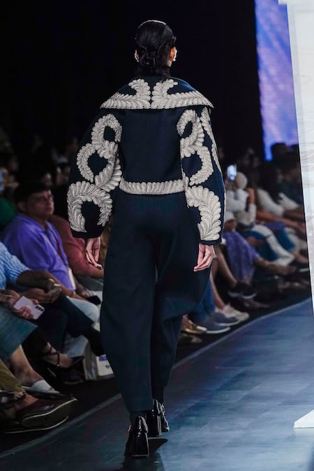 Shop_Pankaj & Nidhi_Blue Wool Pearls Shawl Neck Traje De Luces Jacket _at_Aza_Fashions