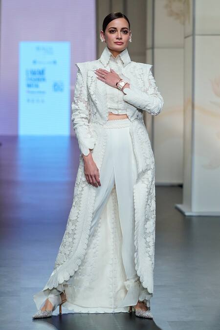 Shop Pankaj & Nidhi Ivory Tulle, Silk Organza Embroidery Open Neck Conquistador Pearl Work Jacket Online at Aza Fashions Shop_Pankaj & Nidhi_Ivory Tulle, Silk Organza Embroidery Open Neck Conquistador Pearl Work Jacket _Online_at_Aza_Fashions